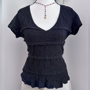 Free People Black Textured Short Sleeve V Neck Blouse Size M